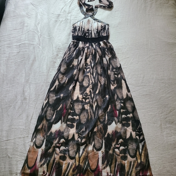 Little Mistress London Women's White & Brown Feather Halter Maxi Dress - Picture 11 of 16